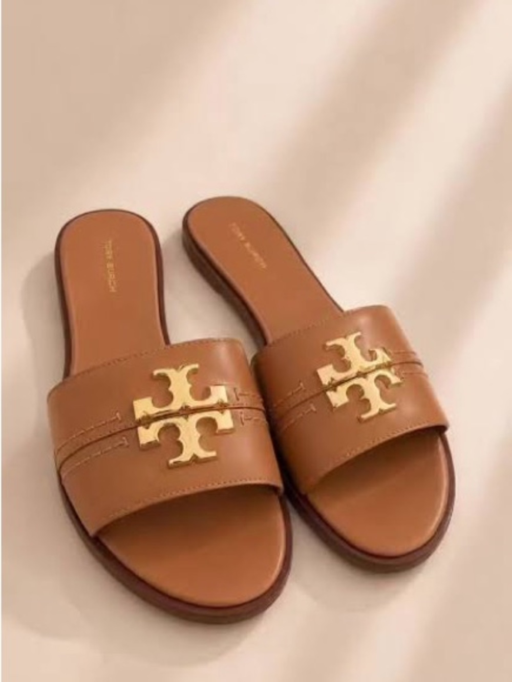Tory Burch Tan Leather Logo Slide Sandals
